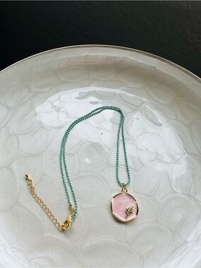 Delicate Pink Resin Pendant Necklace with Turquoise Chain